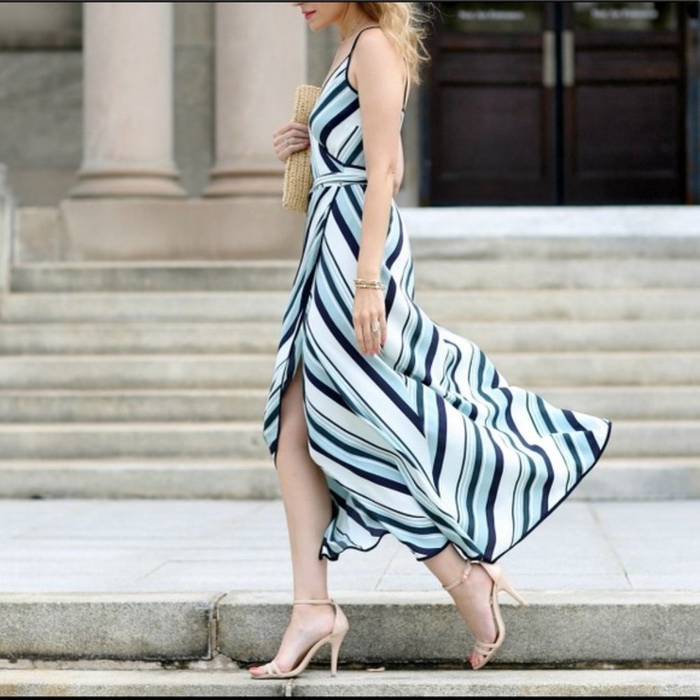ANN TAYLOR LOFT GREEN & BLUE STRIPED MAXI DRESS